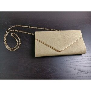 Gold Sparkling Glitter Rectangular Magnetic Clutch Bag w Shoulder Chain #1539